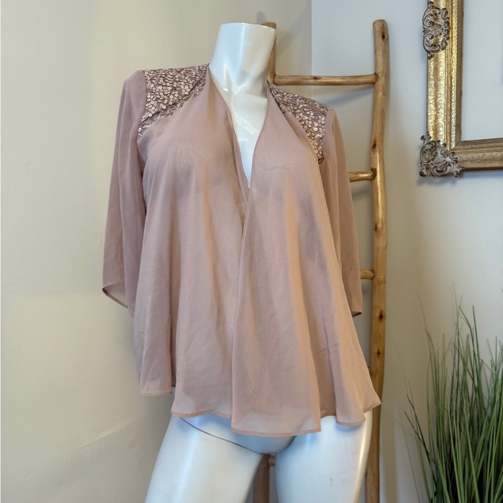 SLNY FASHION OPEN FRONT Blouse Blush Pink/Mauve 8 Sequins Shoulder-pads VINTAGE
